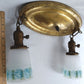 Antique Pressed Solid Brass Ceiling Fixture Two Light w/ Blue Floral Frosted Glass Bell Shades Fixture for Restoration/Repair - Needs new wiring