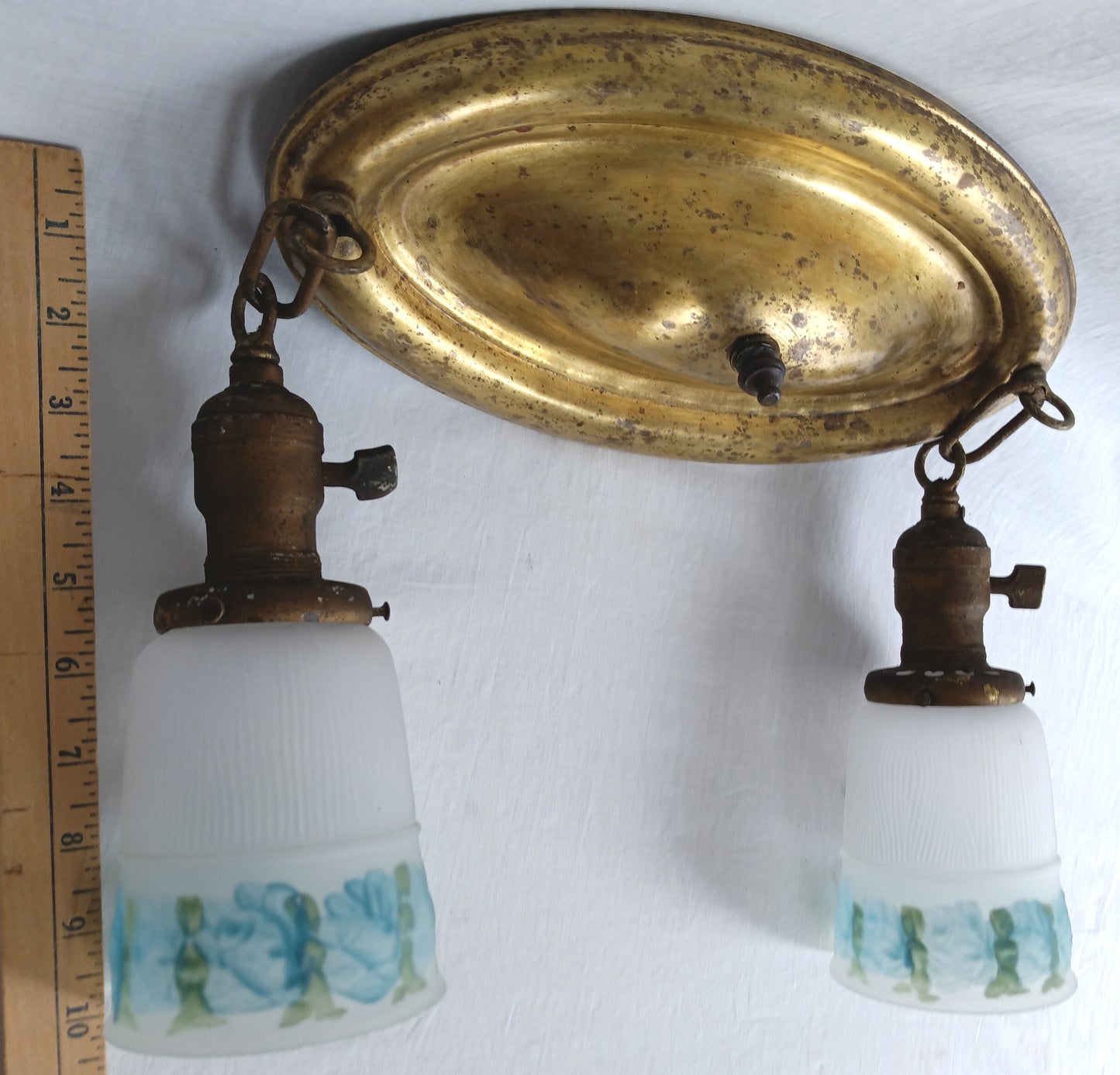 Antique Pressed Solid Brass Ceiling Fixture Two Light w/ Blue Floral Frosted Glass Bell Shades Fixture for Restoration/Repair - Needs new wiring