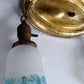 Antique Pressed Solid Brass Ceiling Fixture Two Light w/ Blue Floral Frosted Glass Bell Shades Fixture for Restoration/Repair - Needs new wiring