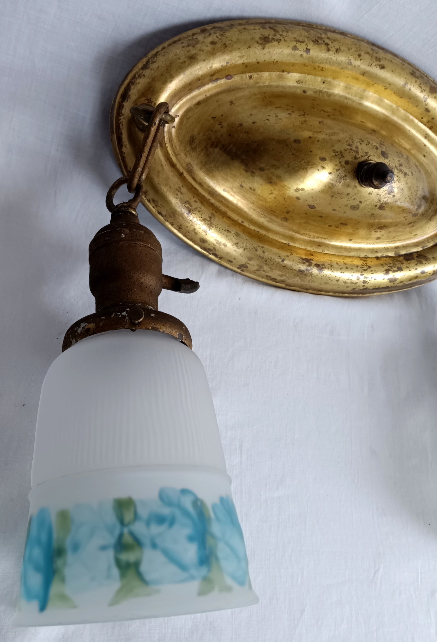 Antique Pressed Solid Brass Ceiling Fixture Two Light w/ Blue Floral Frosted Glass Bell Shades Fixture for Restoration/Repair - Needs new wiring