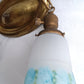 Antique Pressed Solid Brass Ceiling Fixture Two Light w/ Blue Floral Frosted Glass Bell Shades Fixture for Restoration/Repair - Needs new wiring