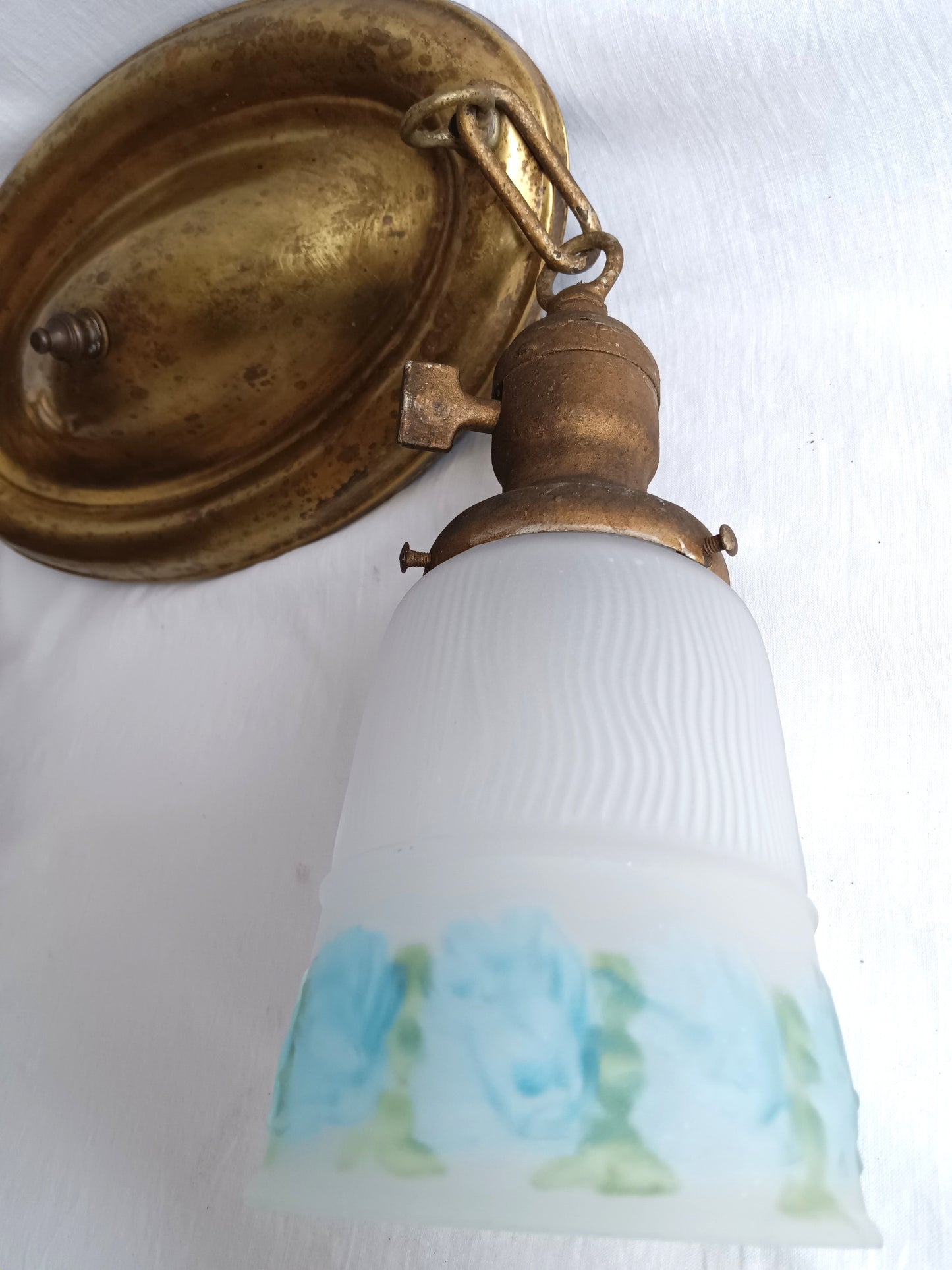 Antique Pressed Solid Brass Ceiling Fixture Two Light w/ Blue Floral Frosted Glass Bell Shades Fixture for Restoration/Repair - Needs new wiring