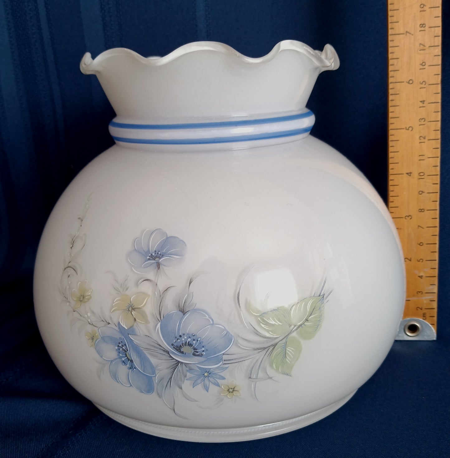 Vintage White Milk Cased Glass Replacement Lampshade Hand Painted Blue Flowers Ruffled Top GWTW Style Globe Cover Light for Table Lamp