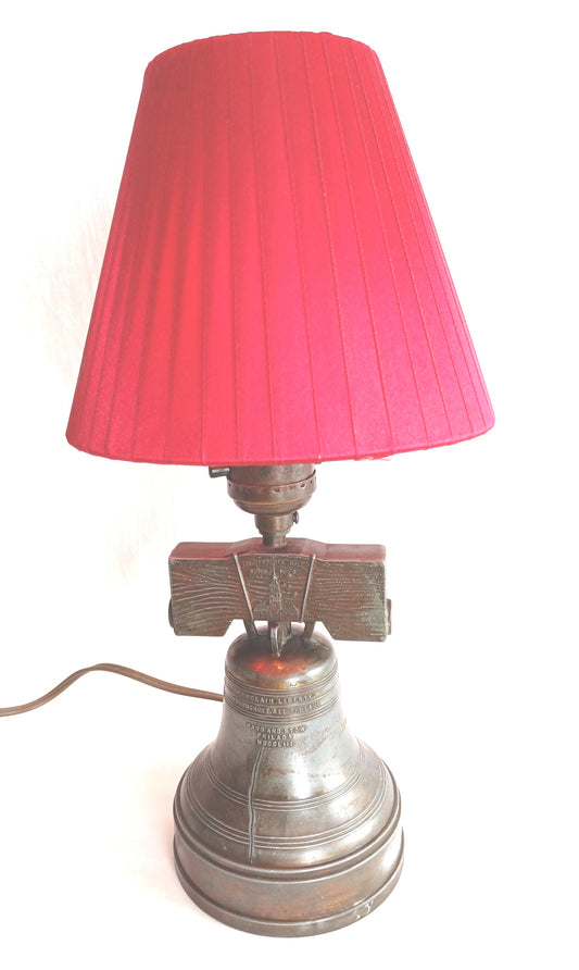 Vintage J.T. Houck Replica Liberty Bell Table Lamp Engraved Die Cast Metal Red Silk Shade American Patriotic Early American Colonial Décor