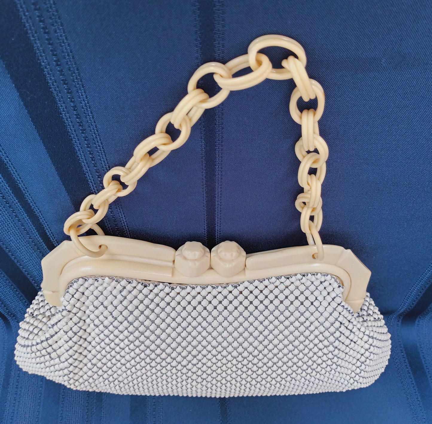 Vintage Whiting & Davis Co. Alumesh Ivory Celluloid Bag Purse Chain Link Strap/Handle Women Accessory - Made in USA
