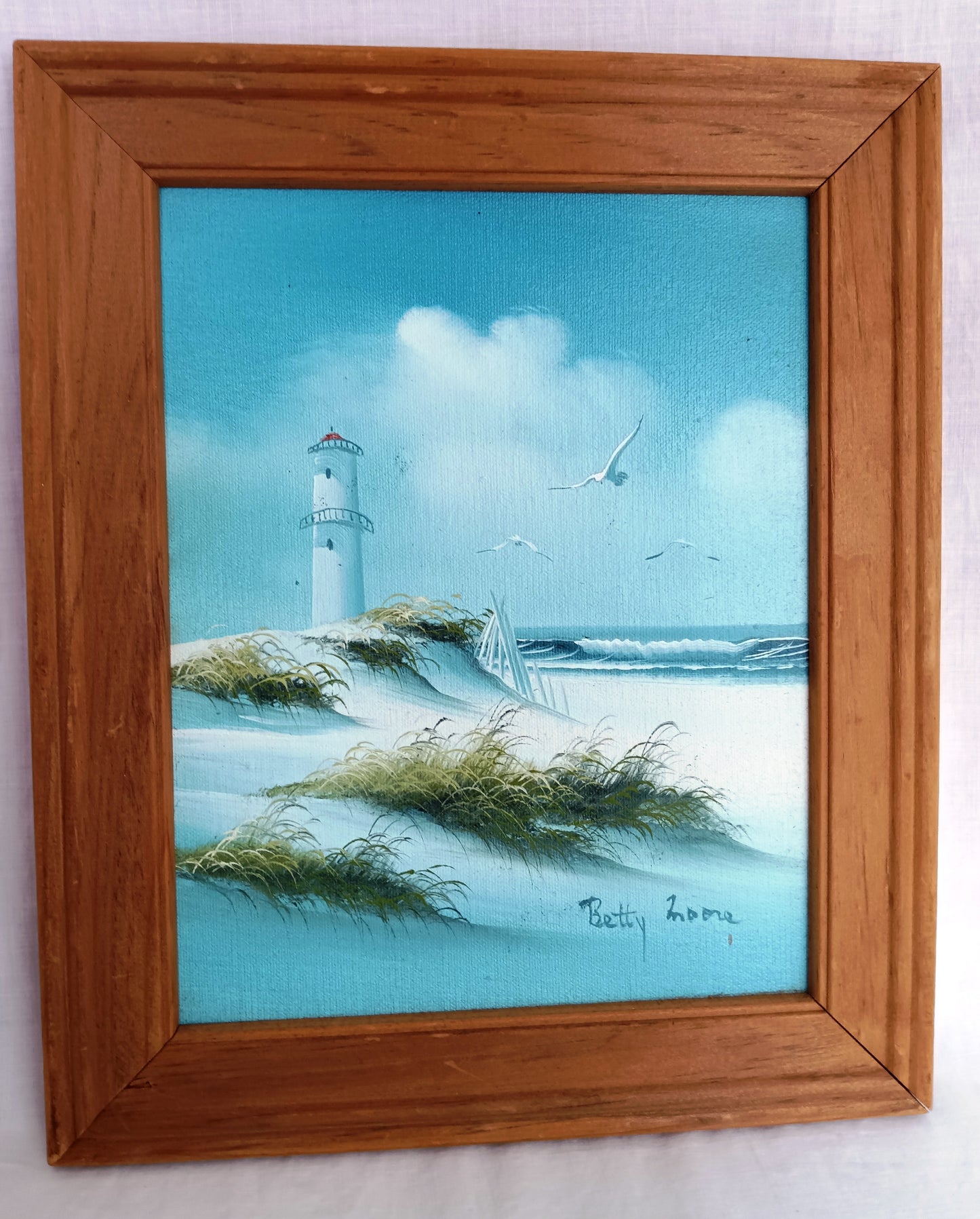 Vintage Oil on Canvas Framed Painting Lighthouse Beach Scene Seascape Seagull Nautical Wall Art Signed Betty Moore