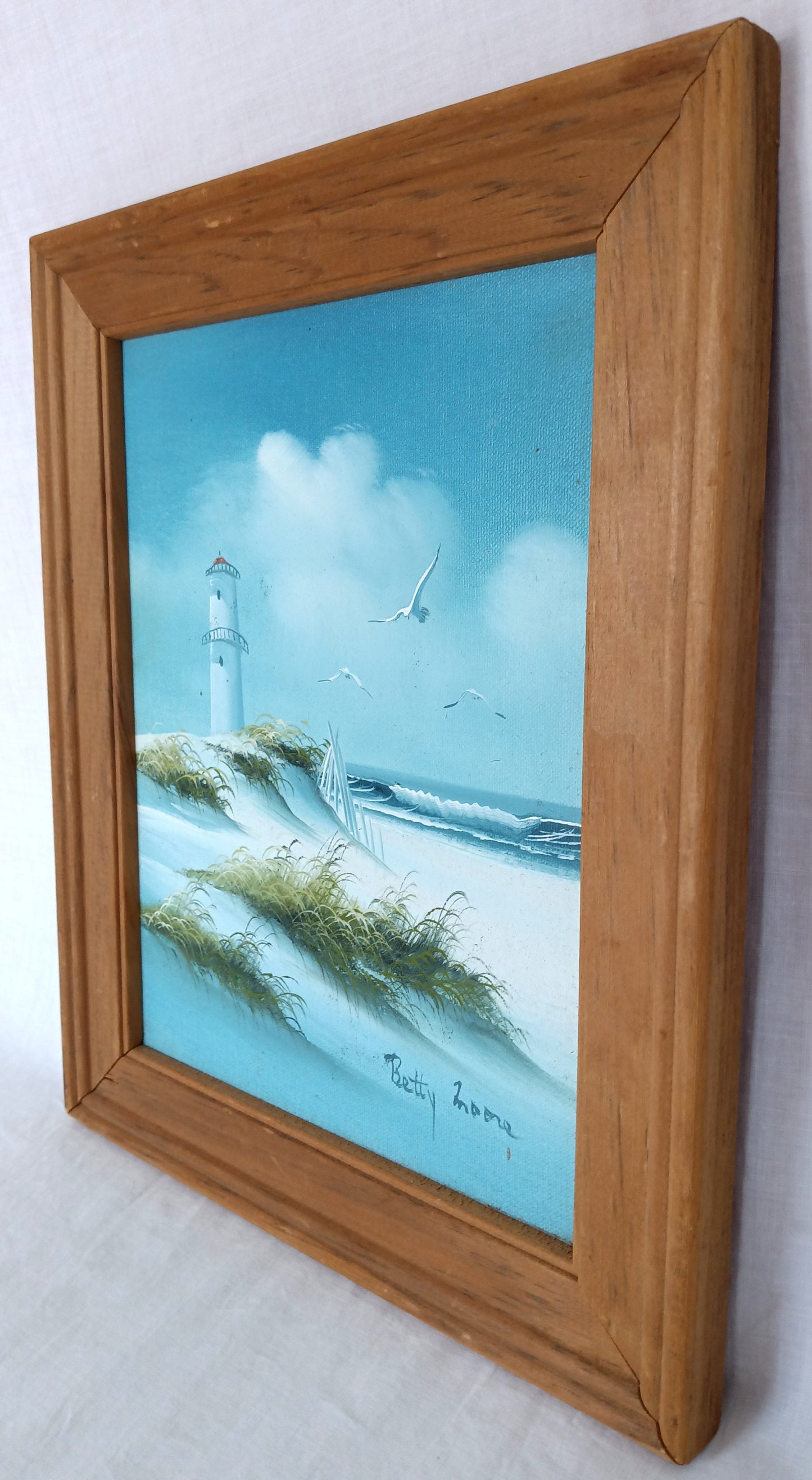 Vintage Oil on Canvas Framed Painting Lighthouse Beach Scene Seascape Seagull Nautical Wall Art Signed Betty Moore