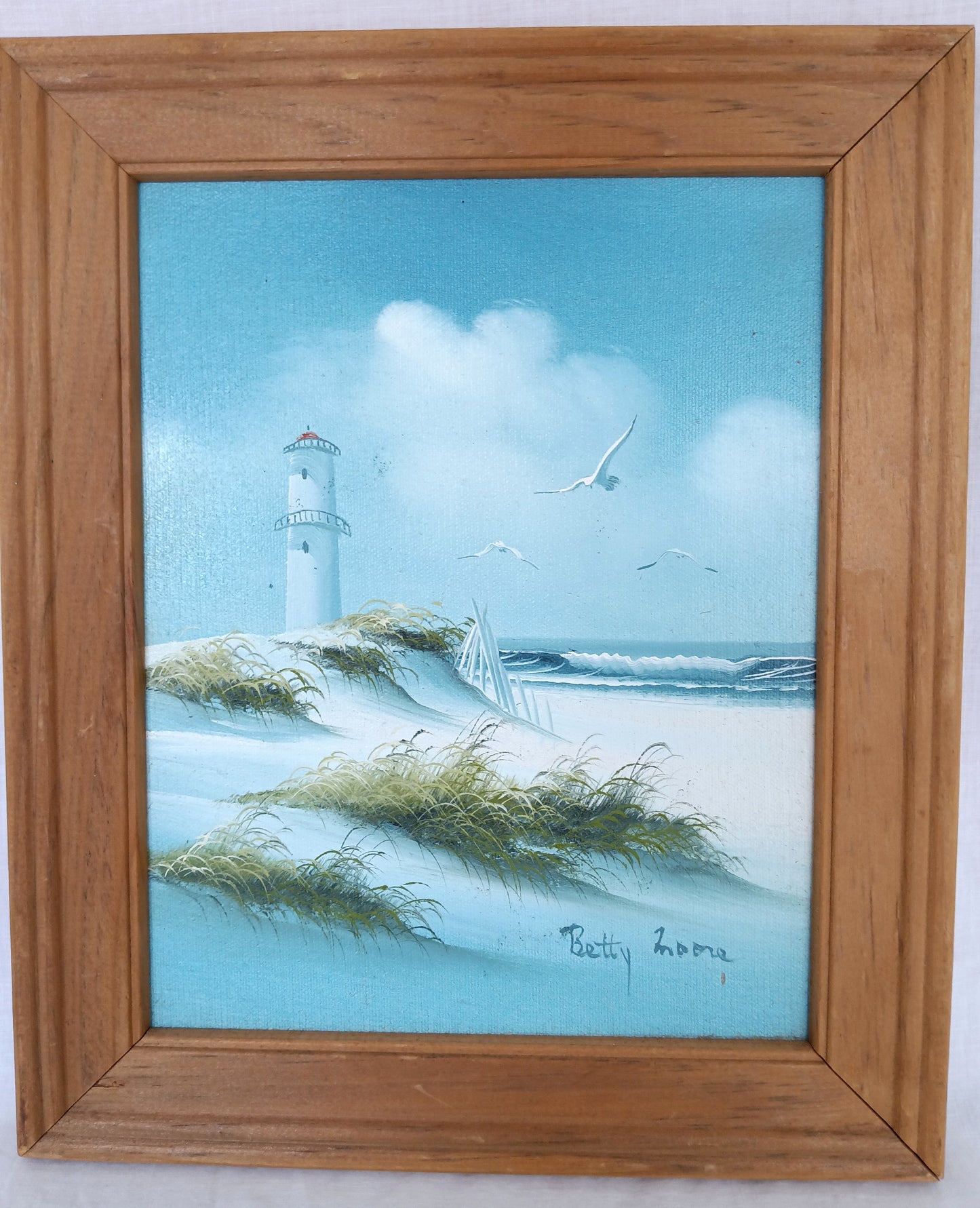 Vintage Oil on Canvas Framed Painting Lighthouse Beach Scene Seascape Seagull Nautical Wall Art Signed Betty Moore