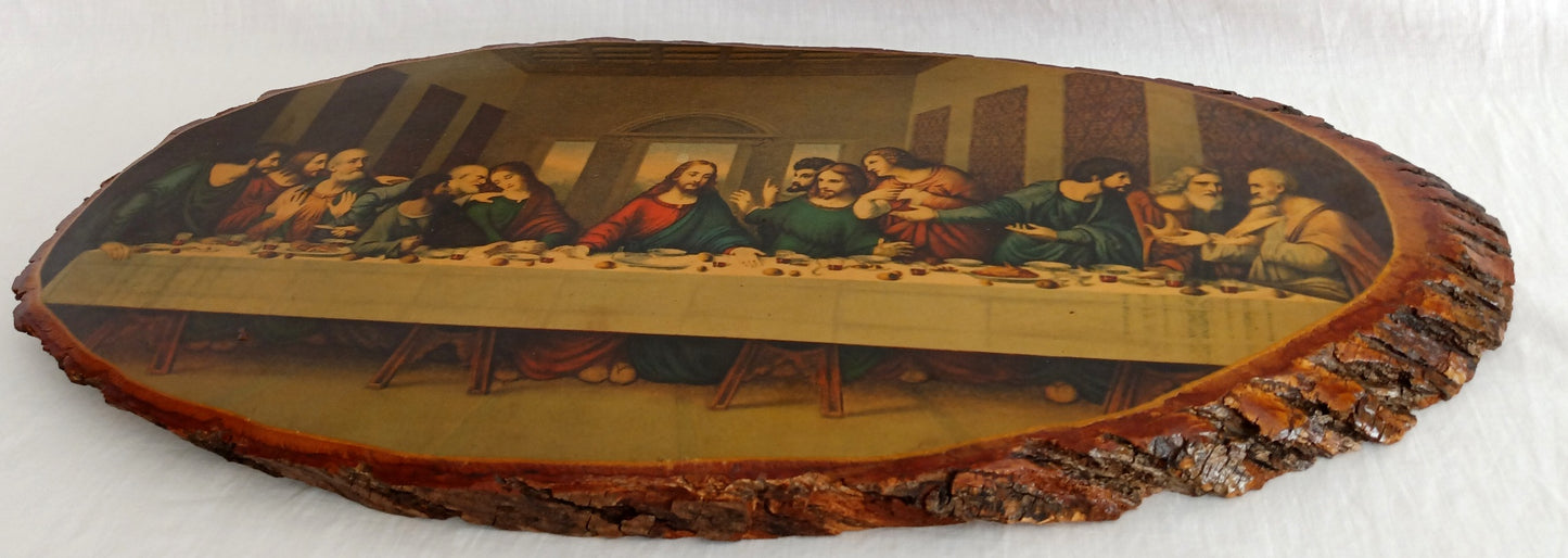 Vintage Last Supper Decoupage Picture Oval Wood Slice Slab Large Plaque Wall Hanging Jesus Apostles Souvenir Franciscan Monastery Religious Gift