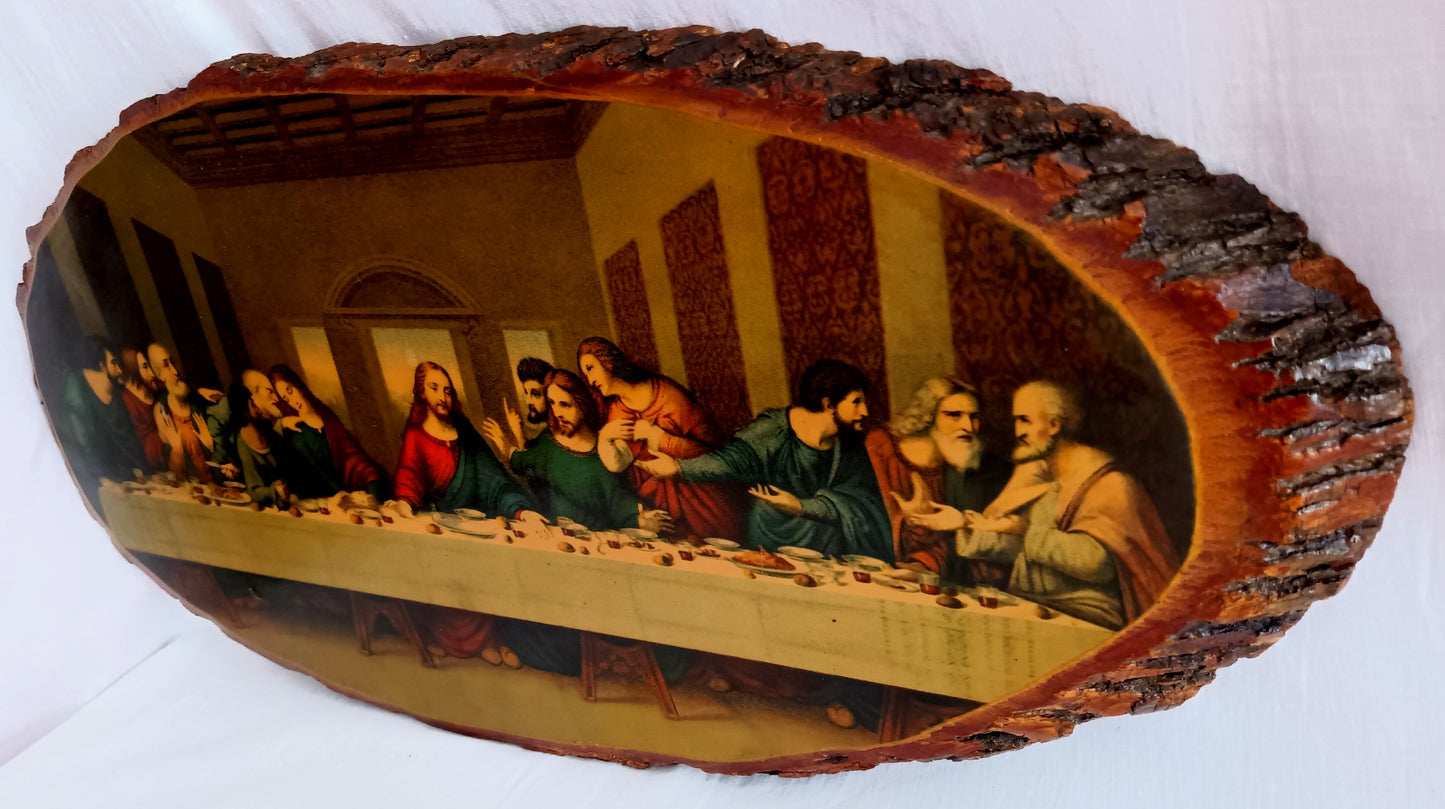 Vintage Last Supper Decoupage Picture Oval Wood Slice Slab Large Plaque Wall Hanging Jesus Apostles Souvenir Franciscan Monastery Religious Gift