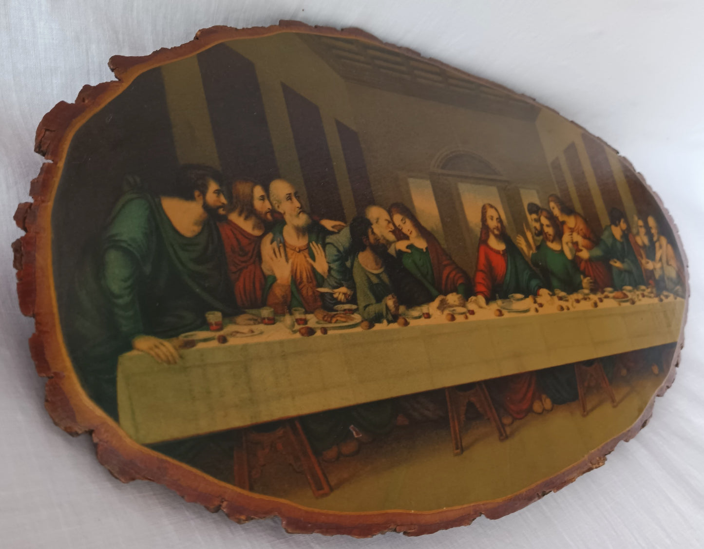 Vintage Last Supper Decoupage Picture Oval Wood Slice Slab Large Plaque Wall Hanging Jesus Apostles Souvenir Franciscan Monastery Religious Gift