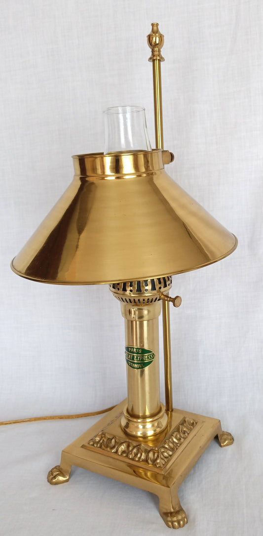 Vintage Brass Train Table Lamp Replica Orient Express Paris-Istanbul 3 Way Glass Chimney Claw Foot Base Adjustable Shade-Mint Condition