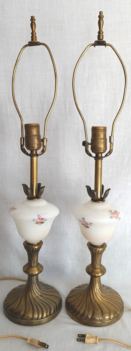 Pair Tall Table Lamps Brass Finish Cast Metal Glass Hand Painted Pink Roses Raised Blue Flowers Gilt Accent Brass Swirl Design 25” H
