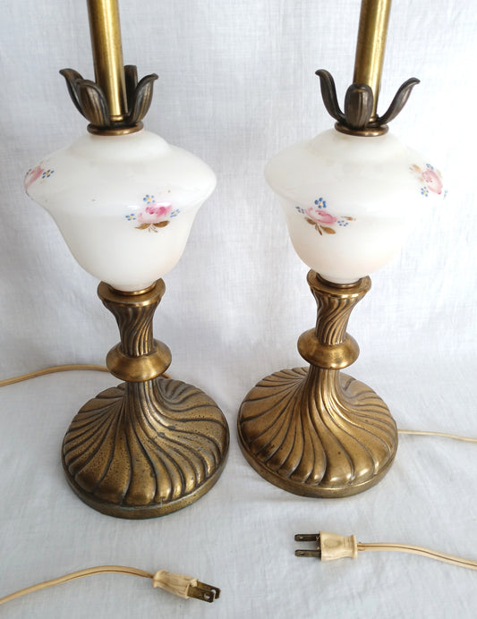 Pair Tall Table Lamps Brass Finish Cast Metal Glass Hand Painted Pink Roses Raised Blue Flowers Gilt Accent Brass Swirl Design 25” H