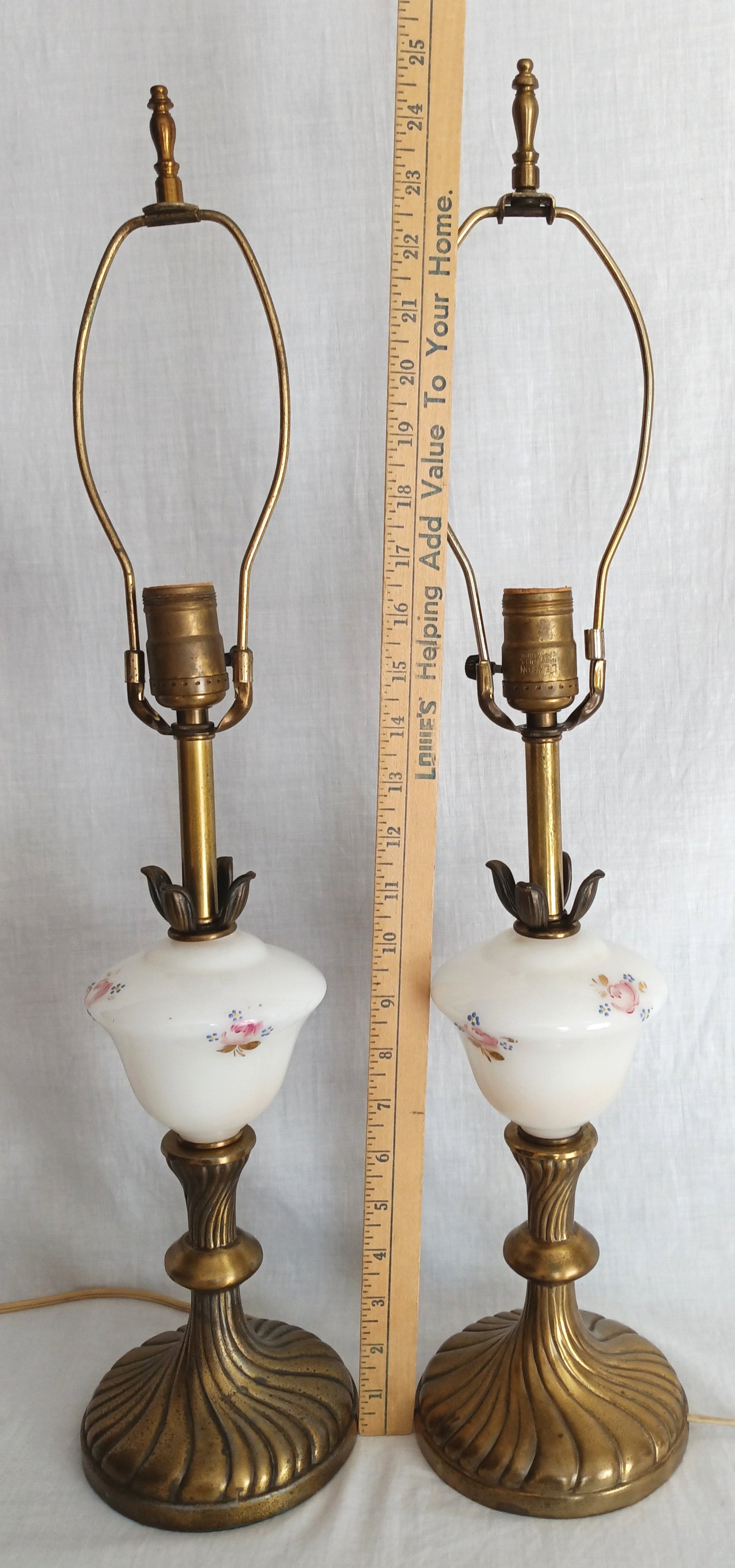 Pair Tall Table Lamps Brass Finish Cast Metal Glass Hand Painted Pink Roses Raised Blue Flowers Gilt Accent Brass Swirl Design 25” H