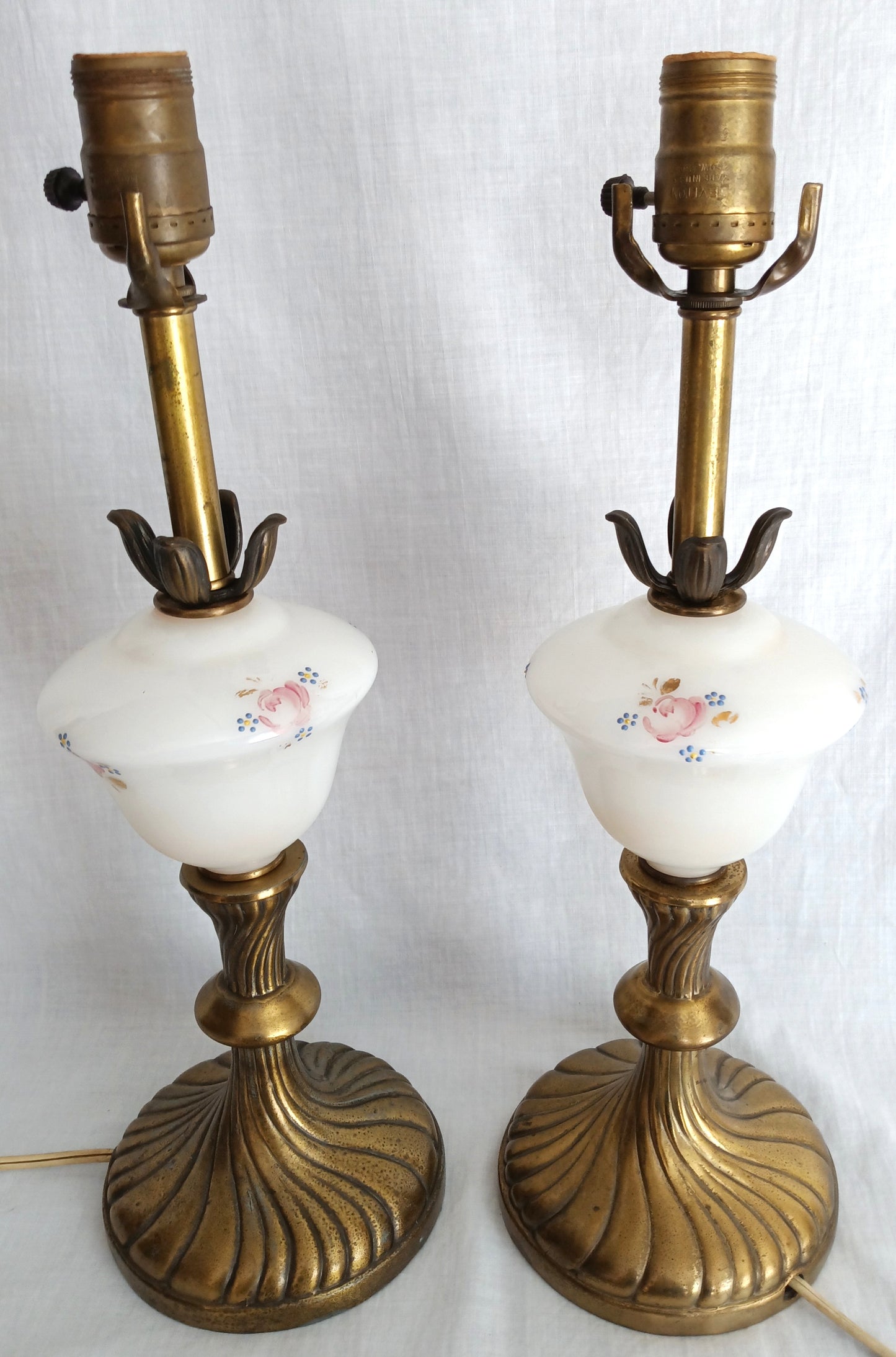 Pair Tall Table Lamps Brass Finish Cast Metal Glass Hand Painted Pink Roses Raised Blue Flowers Gilt Accent Brass Swirl Design 25” H