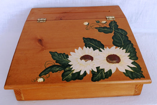 Arts & Crafts Box Solid Wood Writing Small Portable Secretary Lap Desk Hand Painted Sunflower Slant Lid Mortise Tenon Joints Storage Box-NOS