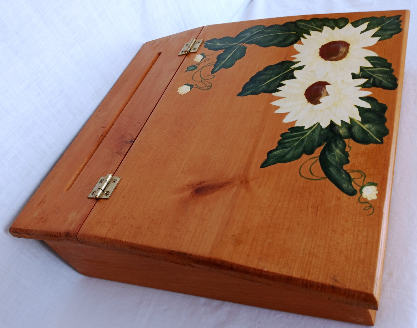 Arts & Crafts Box Solid Wood Writing Small Portable Secretary Lap Desk Hand Painted Sunflower Slant Lid Mortise Tenon Joints Storage Box-NOS