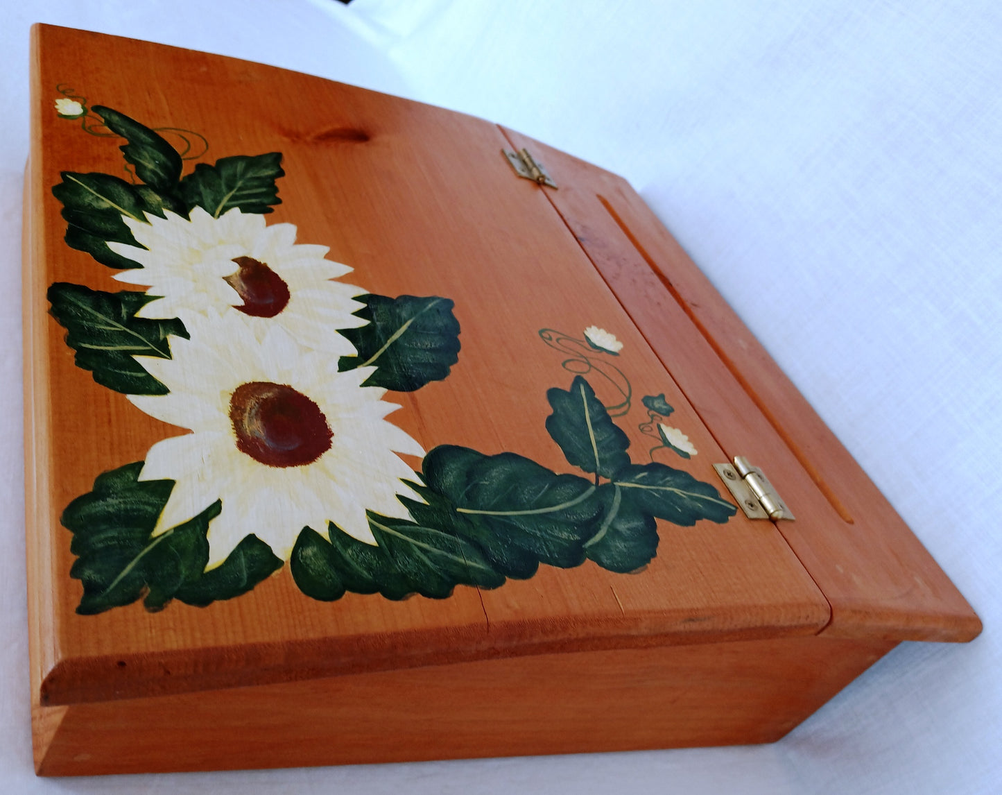 Arts & Crafts Box Solid Wood Writing Small Portable Secretary Lap Desk Hand Painted Sunflower Slant Lid Mortise Tenon Joints Storage Box-NOS