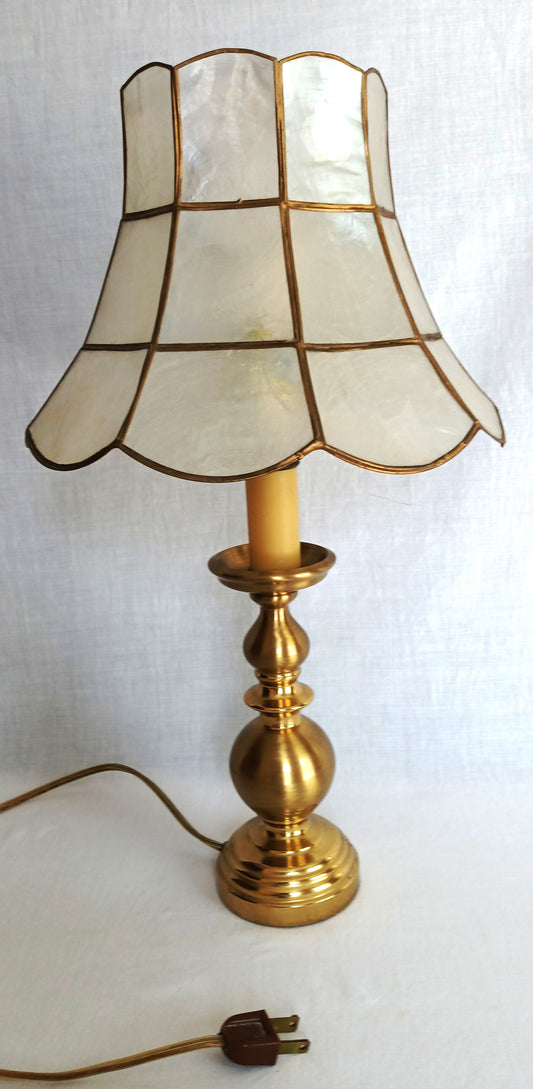Vintage Candlestick Table Lamp Solid Brass with Capiz/ Mother of Pearl Shells Bell Shape Lampshade Vanity End Table Nightstand Lamp