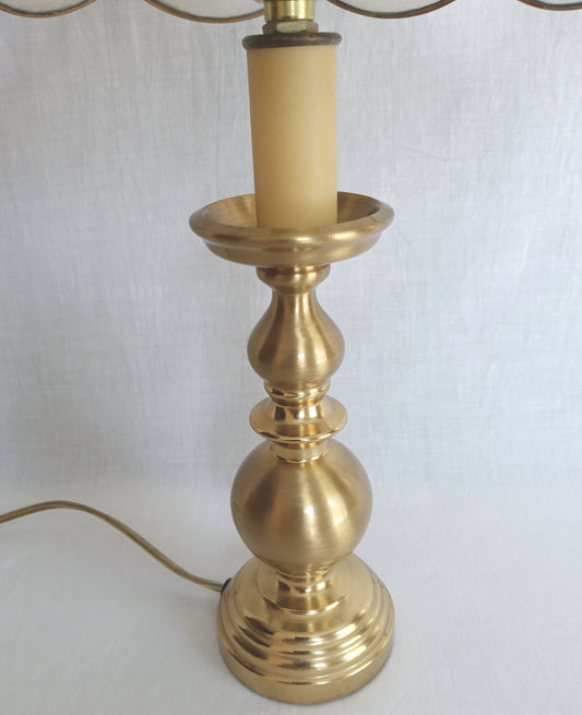 Vintage Candlestick Table Lamp Solid Brass with Capiz/ Mother of Pearl Shells Bell Shape Lampshade Vanity End Table Nightstand Lamp