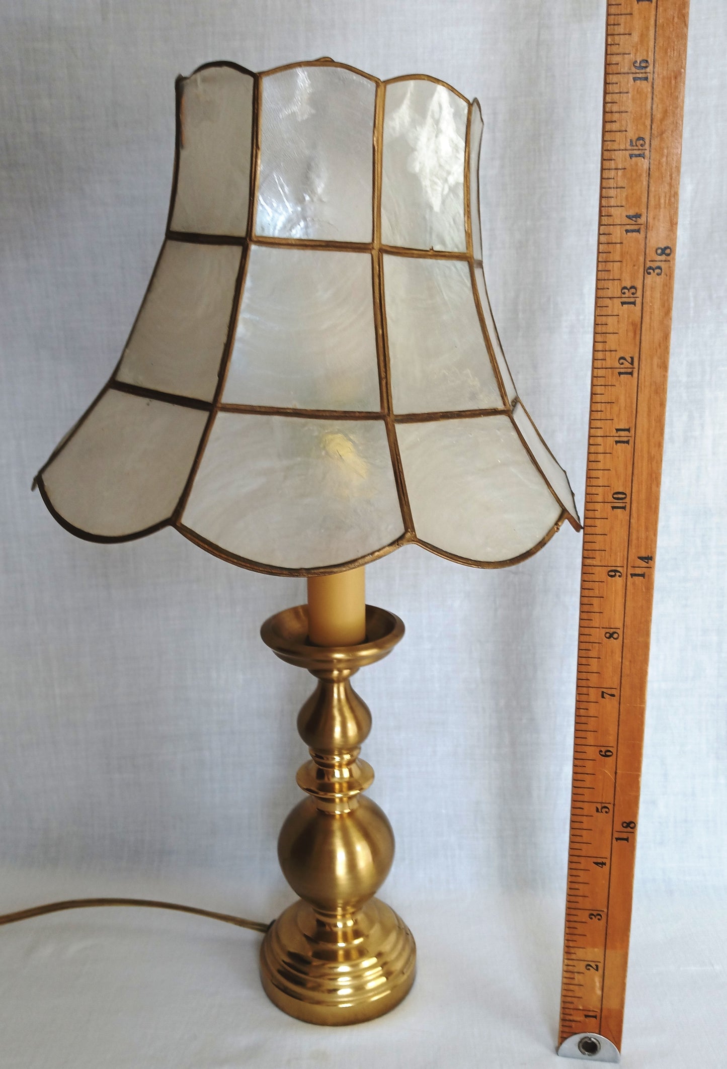 Vintage Candlestick Table Lamp Solid Brass with Capiz/ Mother of Pearl Shells Bell Shape Lampshade Vanity End Table Nightstand Lamp