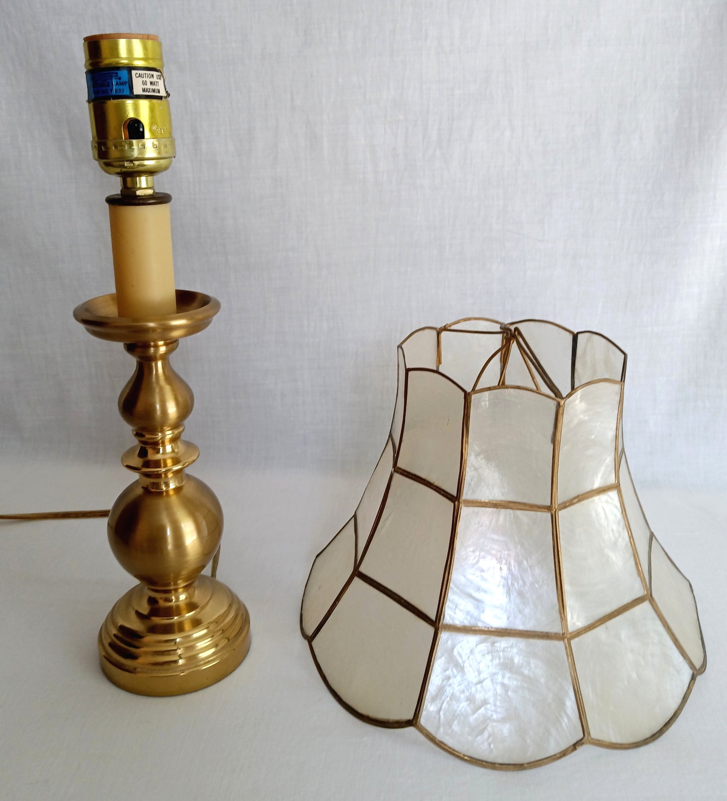 Vintage Candlestick Table Lamp Solid Brass with Capiz/ Mother of Pearl Shells Bell Shape Lampshade Vanity End Table Nightstand Lamp