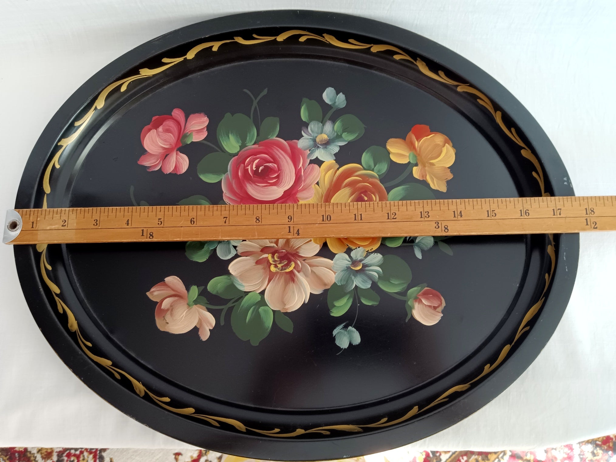 Wood serving tray hand painted roses floral decor store vintage