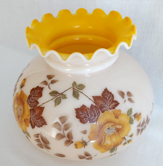Vintage GWTW Hurricane Glass Lampshade Yellow Inside Painted Roses Design Ruffled Top Medium Size Replacement Cover Light Lamp -7” Fitter