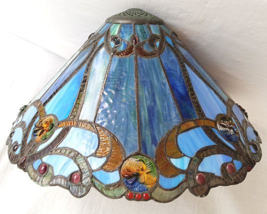 Vintage Handcrafted Tiffany Style Leaded Stained Slag Glass Dome Replacement Lampshade Table Lamp Pendant Shade Blue Tones Raised Roses 18”D