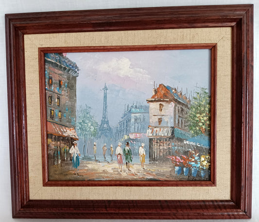 Vintage Impressionist Oil Painting on Wooden Board Parisian Street Scene w/ Eiffel Tower Framed Artwork Cityscape Painting Signed Burnett