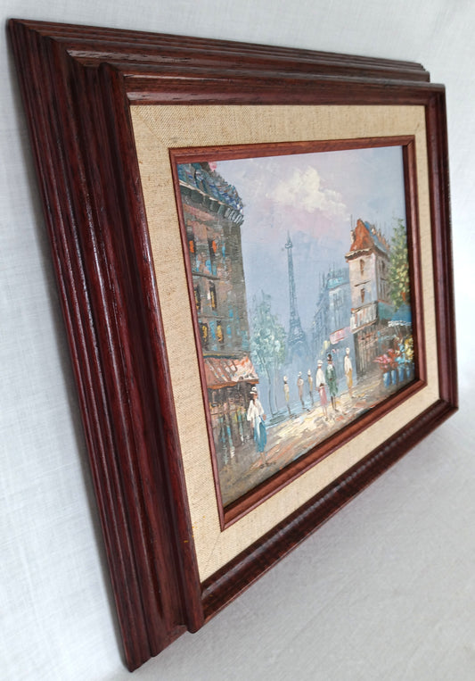 Vintage Impressionist Oil Painting on Wooden Board Parisian Street Scene w/ Eiffel Tower Framed Artwork Cityscape Painting Signed Burnett