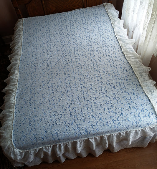 Vintage Off White Lace Bedspread Full Size Bed Cotton Cover Poster Bed 97 in x 112 in