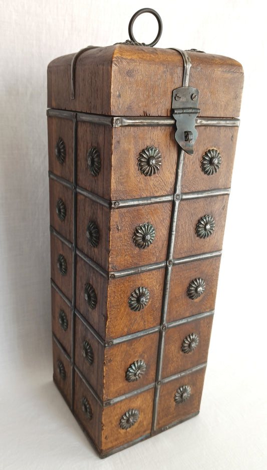 Vintage Unique Hardwood Wine Bottle Holder Hinged Lid Metal Embellishments Swing Clasp One Wine Bottle Carrier Tall Box Caddy Gift for Him