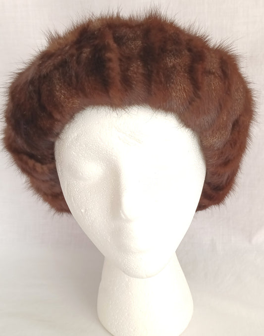 Vintage Genuine Dark Brown w/Silver Fur Round Crown Lining Russian Winter Hat Elegant Accessories Unisex Size 22 1/2 " Circumference