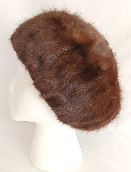 Vintage Genuine Dark Brown w/Silver Fur Round Crown Lining Russian Winter Hat Elegant Accessories Unisex Size 22 1/2 " Circumference