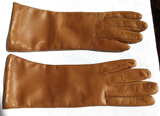 Vintage Camel Tan Color Classic Elegant Italian Genuine Leather Gloves Cashmere Lined Women Slip-on Style Slightly Flared Cuffs Medium Size 7