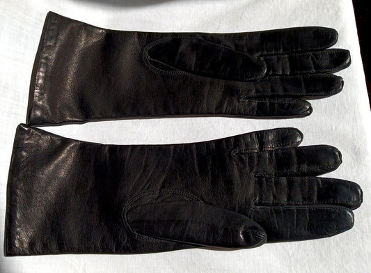 Vintage Black Classic Elegant Italian Genuine Leather Gloves Cashmere Lined Women Slip-on Style Slightly Flared Cuffs Medium Size 7-Italy