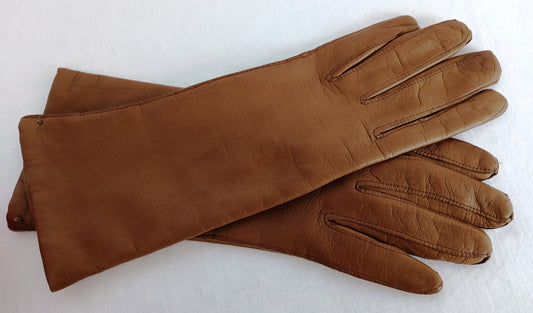 Vintage Camel Tan Color Classic Elegant Italian Genuine Leather Gloves Cashmere Lined Women Slip-on Style Slightly Flared Cuffs Medium Size 7