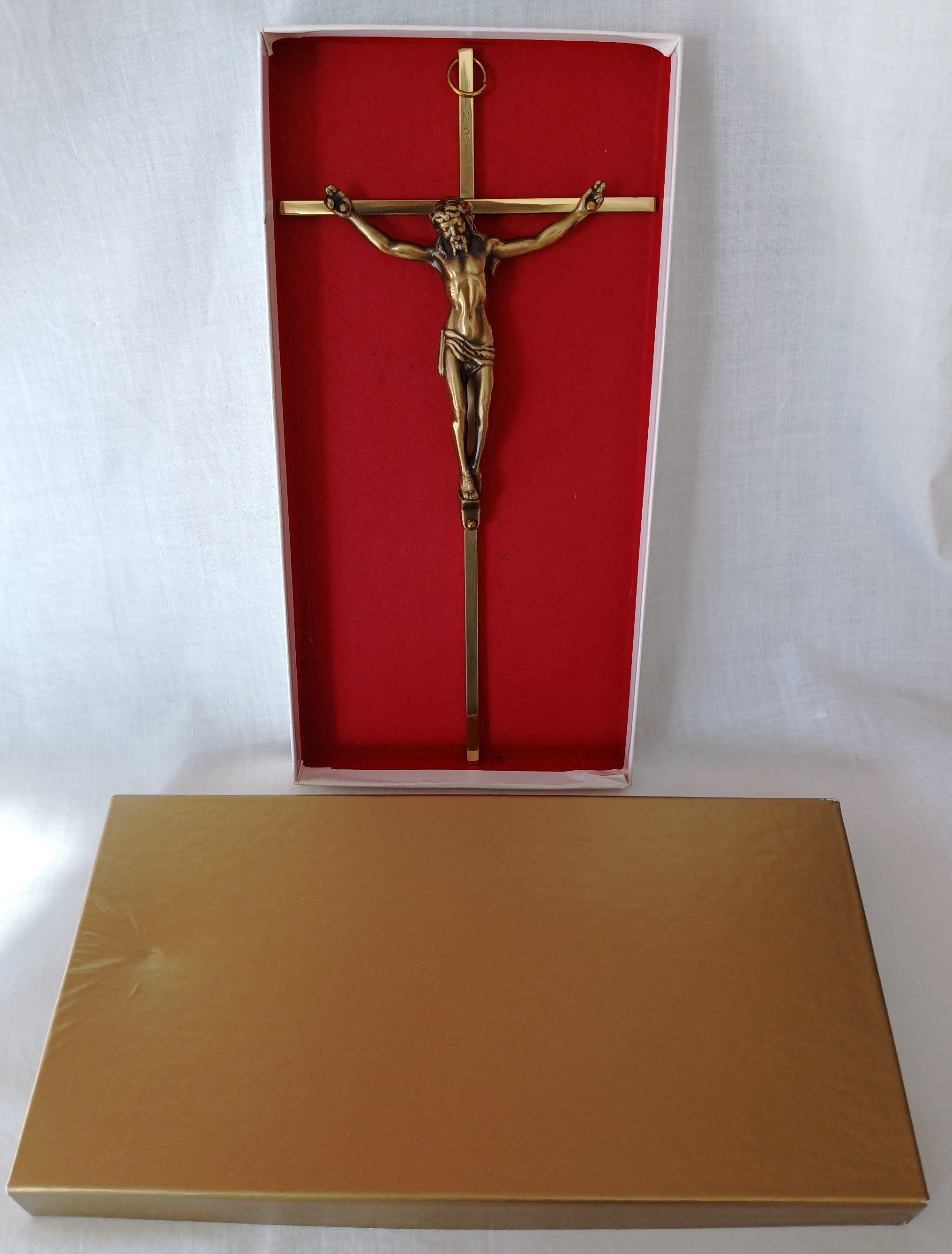 Antique French religious frame spelter cross outlet crucifix corpus christi INRI on wood w brass bow ribbon 1900s devotional christian wall decor