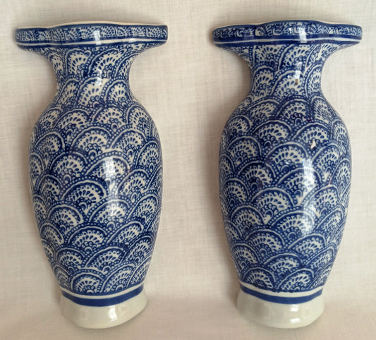 Vintage Pair Bombay Ceramic Half Vases Wall Hanging Décor Blue and White Scalloped Top Chinoiserie Wall Pocket Flower Receptacle–NOS