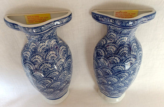 Vintage Pair Bombay Ceramic Half Vases Wall Hanging Décor Blue and White Scalloped Top Chinoiserie Wall Pocket Flower Receptacle–NOS