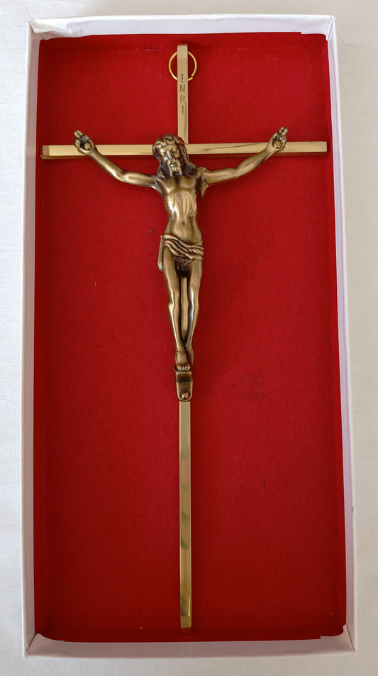 Vintage Slender Cross Catholic Wall Hanging Décor Jesus Christ Corpus Religious Crucifix Shiny Golden Metal 10 Inches Tall-NOS-NIB