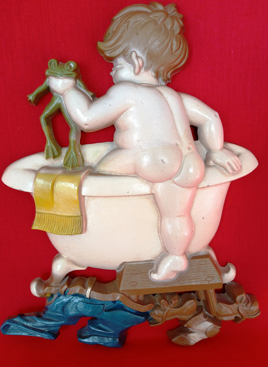 Vintage 1970 Sexton Painted Cast Aluminum Plaque Wall Hanging Whimsical Bathroom Sign Boy in Bathtub w/Frog Dimensional Wall Art Retro Décor