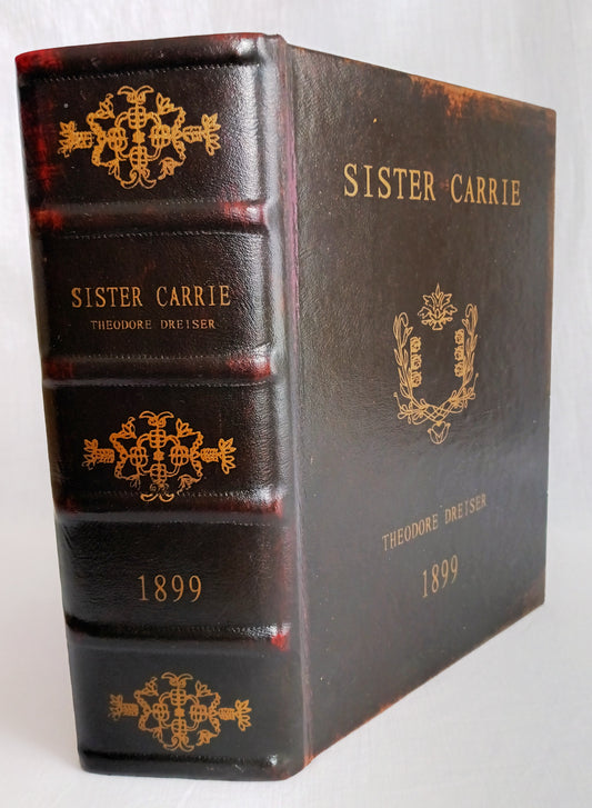 Vintage Antique Look Brown Faux Leather Large Wooden Box Secret Storage Diversion Hidden Gilt Decorative Hollow Book "Sister Carrie"