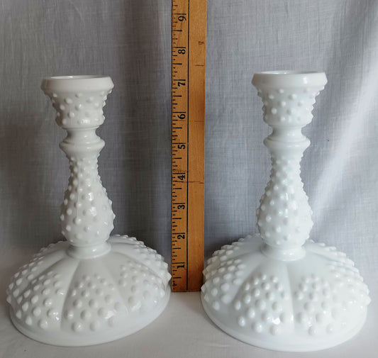 Vintage Set of 2 Authentic Fenton Milk Glass Candle Holders Hobnail Design for Taper Candles Holders 1950's –NOS