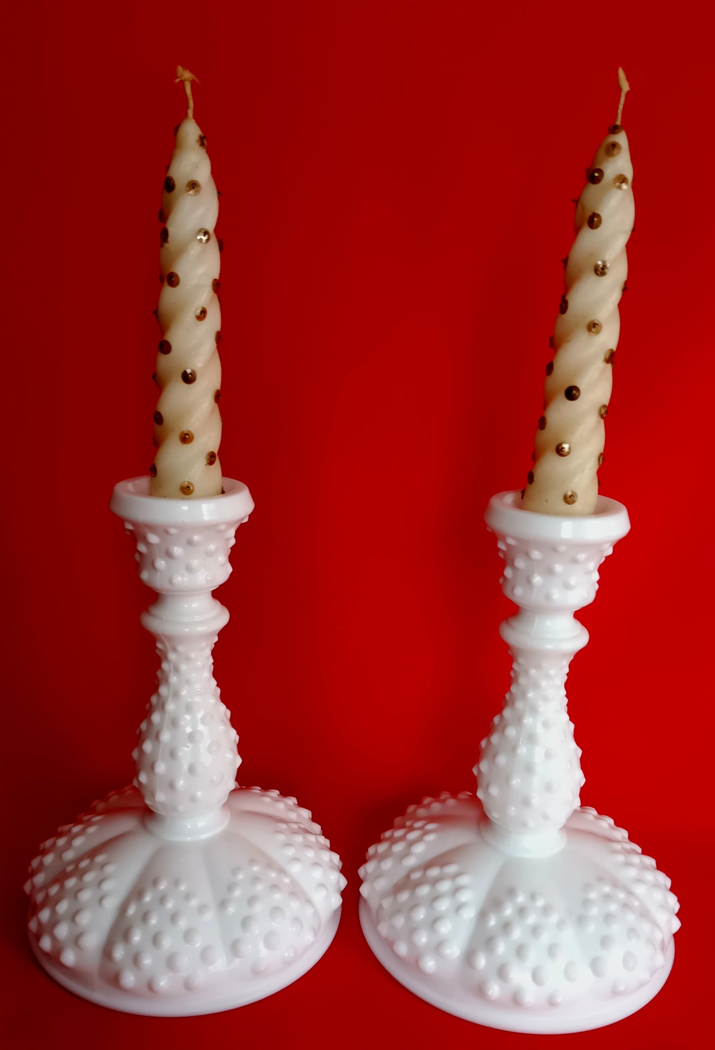 Vintage Set of 2 Authentic Fenton Milk Glass Candle Holders Hobnail Design for Taper Candles Holders 1950's –NOS