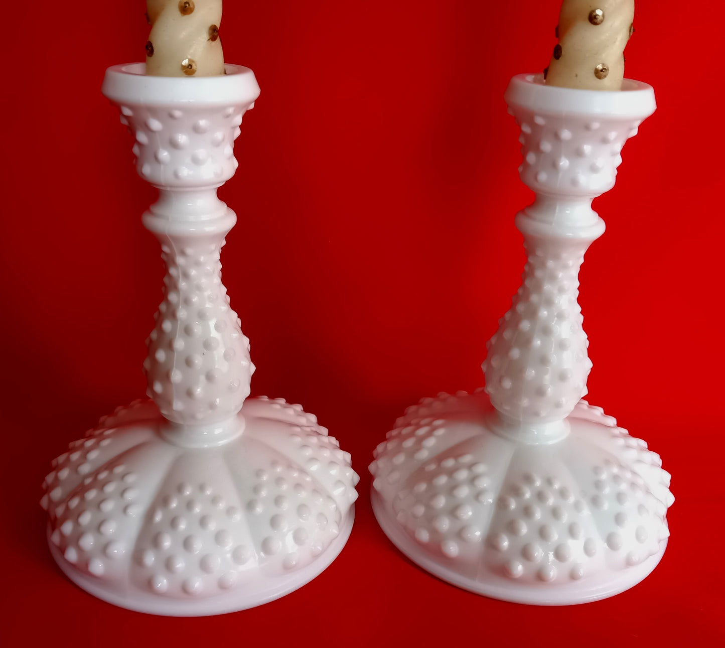 Vintage Set of 2 Authentic Fenton Milk Glass Candle Holders Hobnail Design for Taper Candles Holders 1950's –NOS