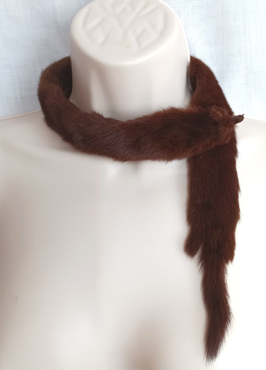 Vintage Real Mink Small Collar Chocker Mahogany Color Fur 2 Pelts Heads Glam Statement Baar & Beards Inc Top Hit Fashion Hand Made in Japan