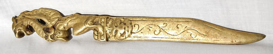 Vintage Solid Brass Letter Opener Dragon Lion Motifs Decorative Mail Opener Desk Accessory 9" Long